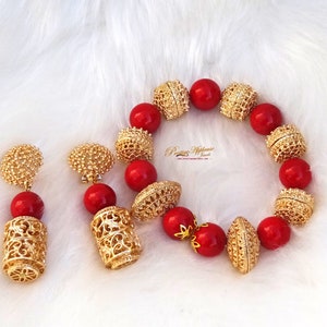 Original Traditional African Nigerian Coral Bead Bracelet with earring for Bridal and Celebrants