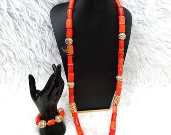Traditional Bridal Men Coral Beads Necklace Bracelet Jewellery Wedding Set Silver Gold accessories - Nigerian Coral Necklace Bracelet