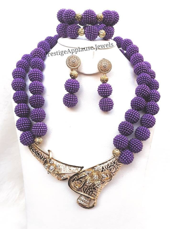 Nigerian Wedding Jewelry Set - 8-Line Crystal Bead Statement Necklace With Bracelet & Earrings - View #3