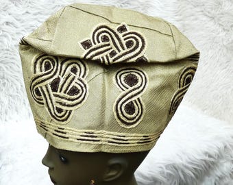 Champagne Gold  with Chocolate Yoruba Fila Hat Royal Designs Aso Oke Groom Fila Cap African Nigerian Hat For Men Groom For Wedding Party