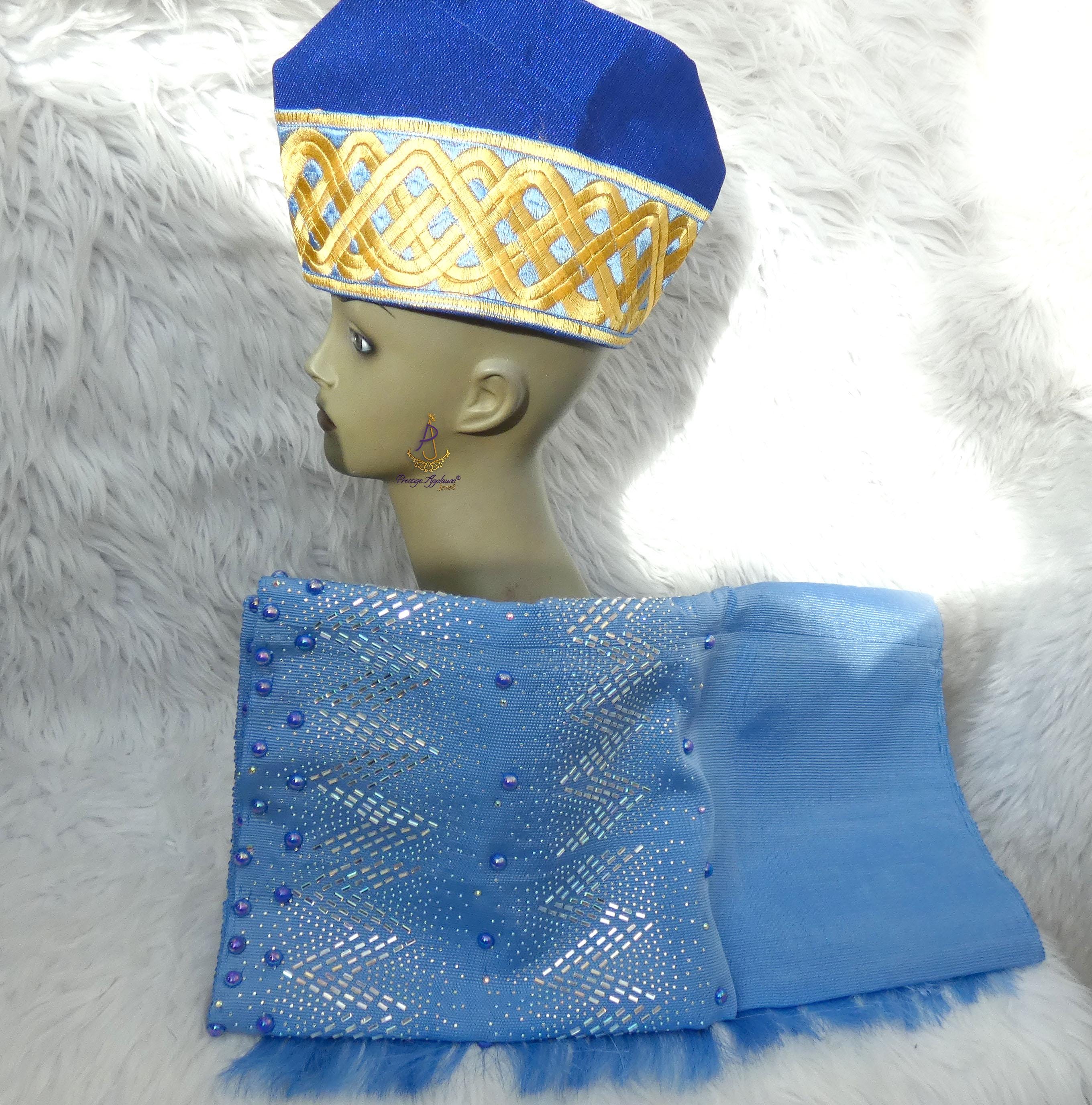 Royal Blue Embroidery Men Aso Oke Groom Fila Cap & Gele for Women ...