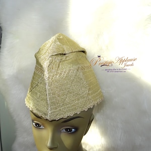 Plain Gold Aso Oke Groom Fila Cap African Nigerian Hat For Men Groom Wedding Party