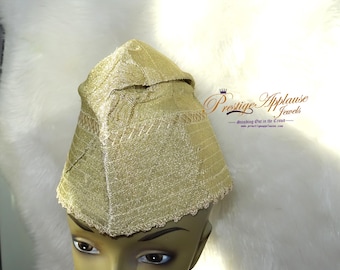 Plain Gold Aso Oke Groom Fila Cap African Nigerian Hat For Men Groom Wedding Party