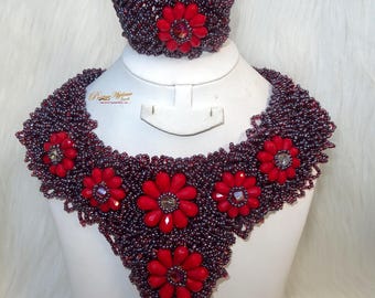 Bold Statement Detail Mixed Tone Red Party African Bridal Wedding Cocktail Nigerian Beads Jewellery Set