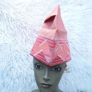 Pink Mix with Peach Yoruba Fila Hat Royal Designs Aso Oke Groom Fila Cap African Nigerian Hat For Men Groom For Wedding Party