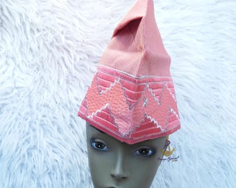Pink Mix with Peach Yoruba Fila Hat Royal Designs Aso Oke Groom Fila Cap African Nigerian Hat For Men Groom For Wedding Party
