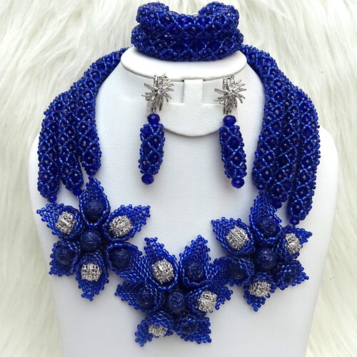 Latest design Navy Blue African Nigerian Beads Necklace Bridal