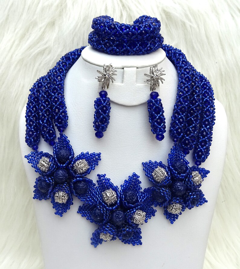 Latest design Navy Blue African Nigerian Beads Necklace Bridal Jewellery Set