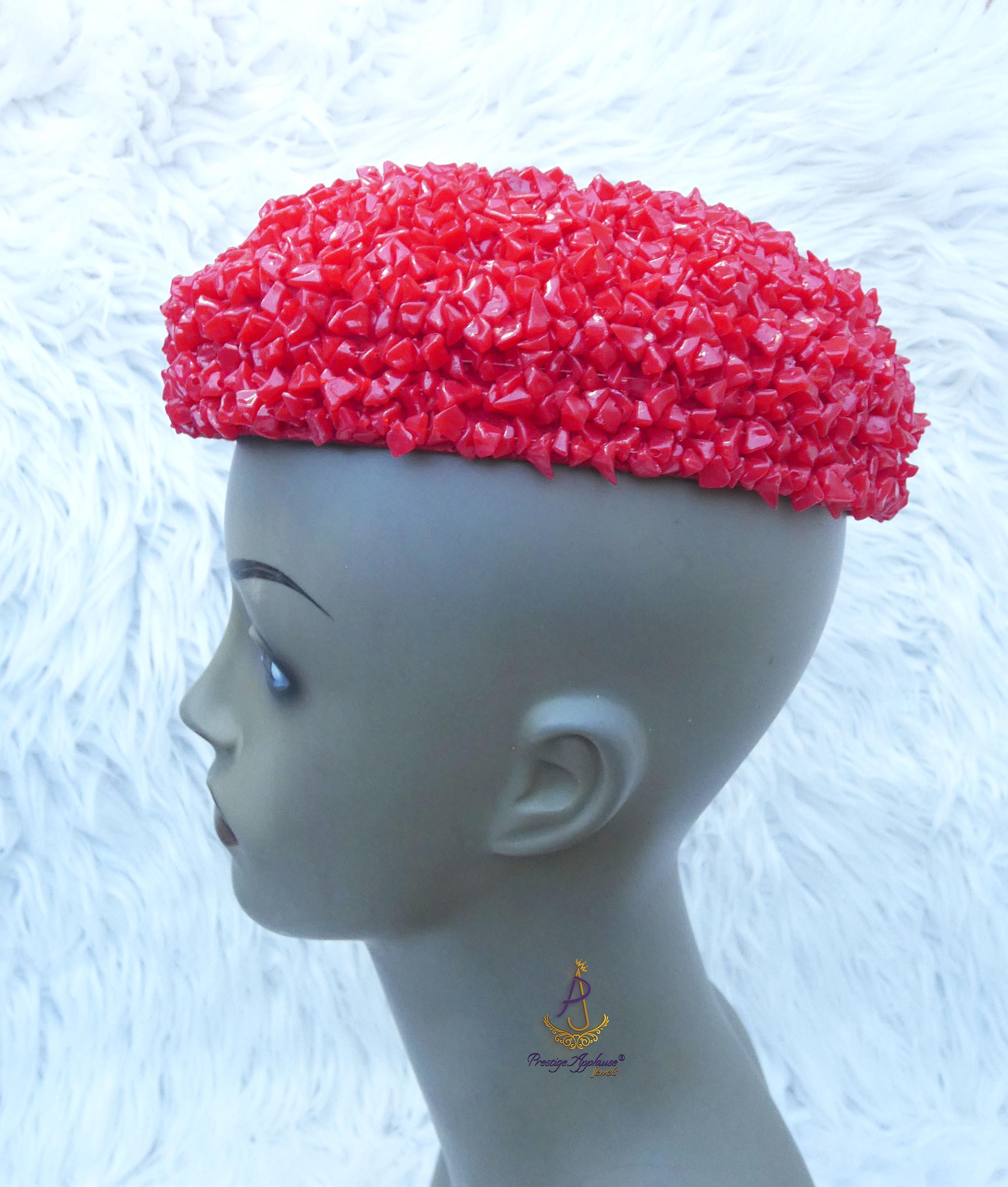 Clearance African Queen Orange Red Coral Beaded Cap Bridal Edo