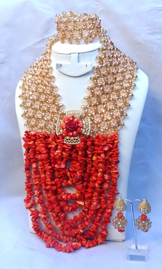 PrestigeApplause Peach & Coral Crystal African Beads Bridal Party Jewelry Set 