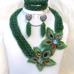 Beautiful Green Crystal Party Bridal Wedding African Beads Jewellery Set
