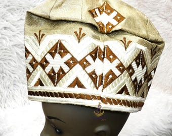 Gold Embroidery with Chocolate Royal Ade Style Black Gold Aso Oke African Nigerian Yoruba Men Fila Cap For Wedding Party Celebrant