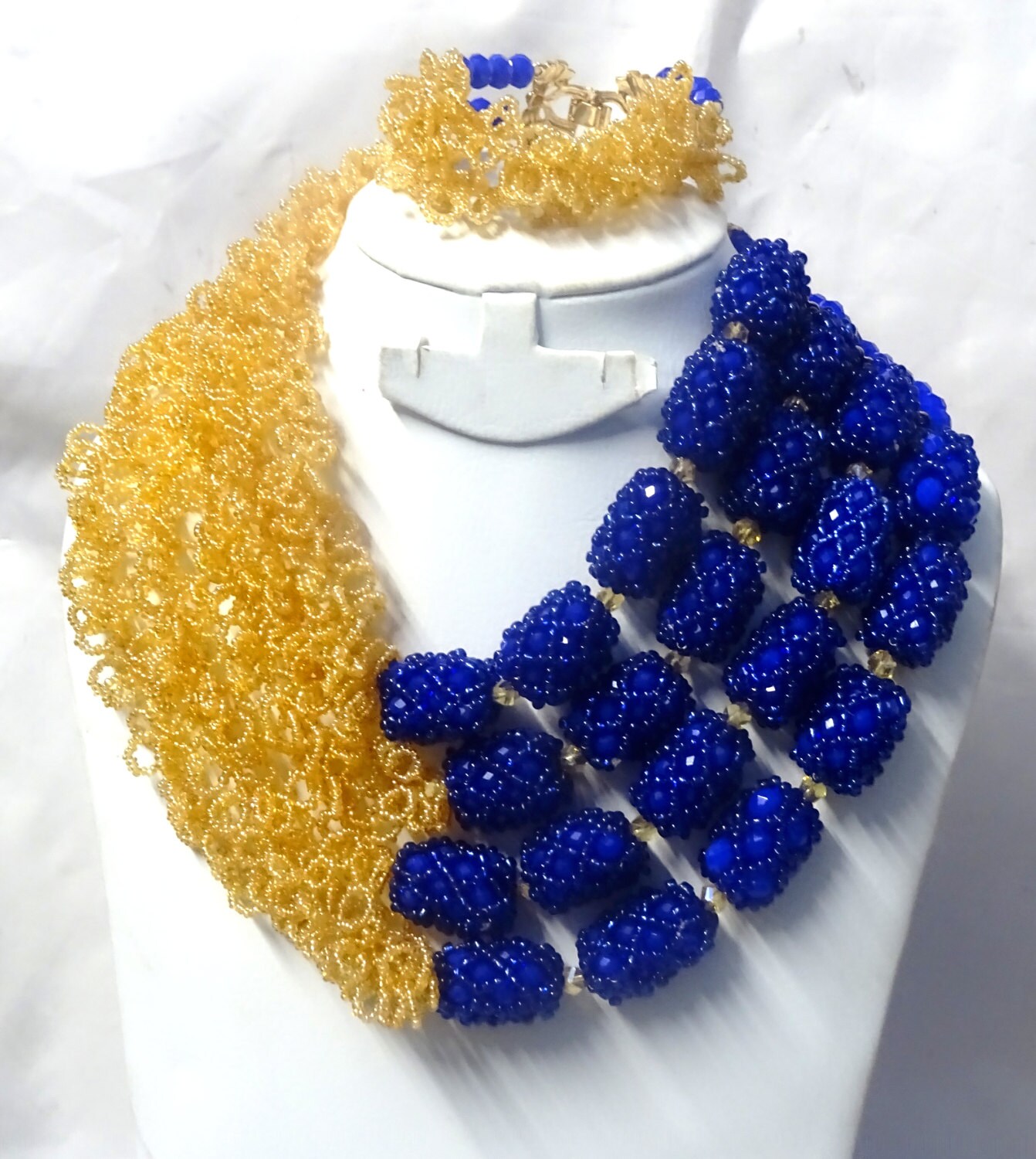 Aczuv Royal Blue Crystal Bead Jewelry Set - African Nigerian Wedding Necklace, Bracelet & Earrings For Women - View #9