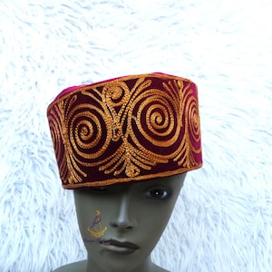 PrestigeApplause Embroidery Velvet Chief Igbo Men Male Maroon Red Black African Nigerian Traditional Chieftaincy Hat