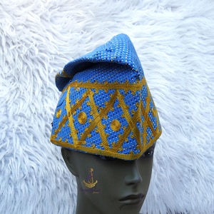Blue Mix Gold Yoruba Fila Hat Royal Embroidery Designs Aso Oke Groom Fila Cap African Nigerian Hat For Men Groom For Wedding Party