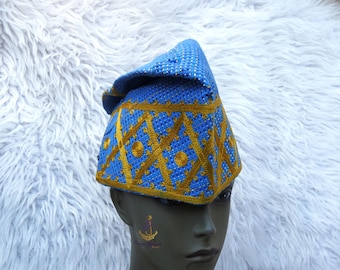 Blue Mix Gold Yoruba Fila Hat Royal Embroidery Designs Aso Oke Groom Fila Cap African Nigerian Hat For Men Groom For Wedding Party