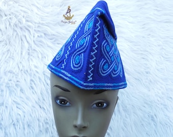 Nigerian Hat Royal Blue Embroidery Men Aso Oke Groom Fila Cap African Nigerian Hat For Men Groom For Wedding Party Yoruba Hat
