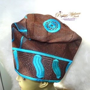 Chocolate with Blue White Gold Aso oke Groom Celebrant Men Groom Yoruba Fila Cap