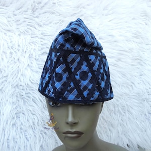 PrestigeApplause Power Blue Yoruba Fila Hat Royal Embroidery Designs Aso Oke Groom Cap African Nigerian Hat For Men Groom For Wedding Party