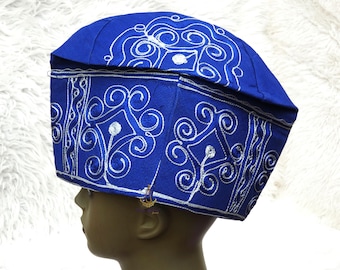 Nigerian Hat Royal Blue Embroidery Men Aso Oke Groom Fila Cap African Nigerian Hat For Men Groom For Wedding Party Yoruba Hat