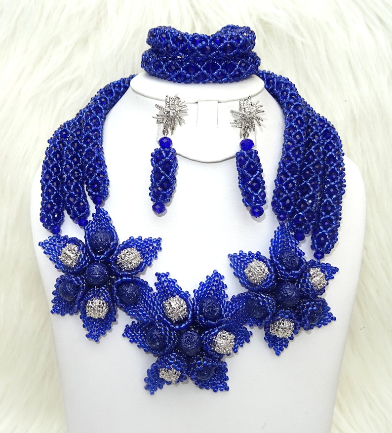 Latest design Navy Blue African Nigerian Beads Necklace Bridal Jewellery Set