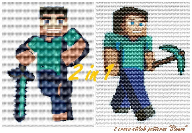 Set Of 2 Steve Cross Stitch Pattern Mine Craft Characters Etsy