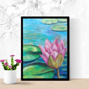 Oil Pastel Painting of Waterlilies Wall Art Nature Home Decor Printable Digital Print Download