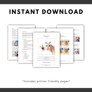 May include: Printable crochet pattern for a no-sew bunny. The pattern includes instructions for making a bunny with a yellow bow and a smaller bunny with a red bow. The pattern is titled "No-Sew Bunny for Kids".