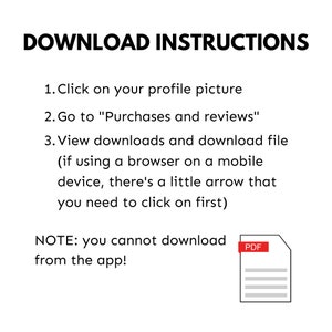 May include: Download instructions for a digital product. The instructions explain how to download a file from a website. The instructions note that you cannot download the file from the app. The image includes a PDF icon.