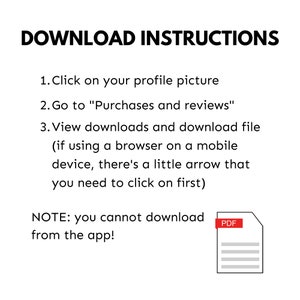 May include: Download instructions for a digital product. The instructions explain how to download the product from a computer or mobile device. The instructions also note that the product cannot be downloaded from the app. The image includes a PDF icon.