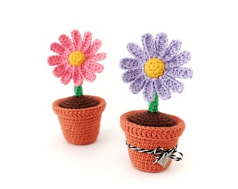 縫わないかぎ針編みの植木鉢のパターン、あみぐるみの花、縫わないパターン、かぎ針編みの室内装飾、先生へのギフトのアイデア