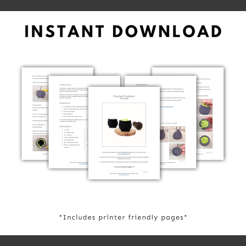 May include: Printable crochet pattern for a cauldron with green potion and a pine cone. The pattern includes instructions for making a cauldron for the home. The pattern is available as an instant download.  *Includes printer friendly pages*