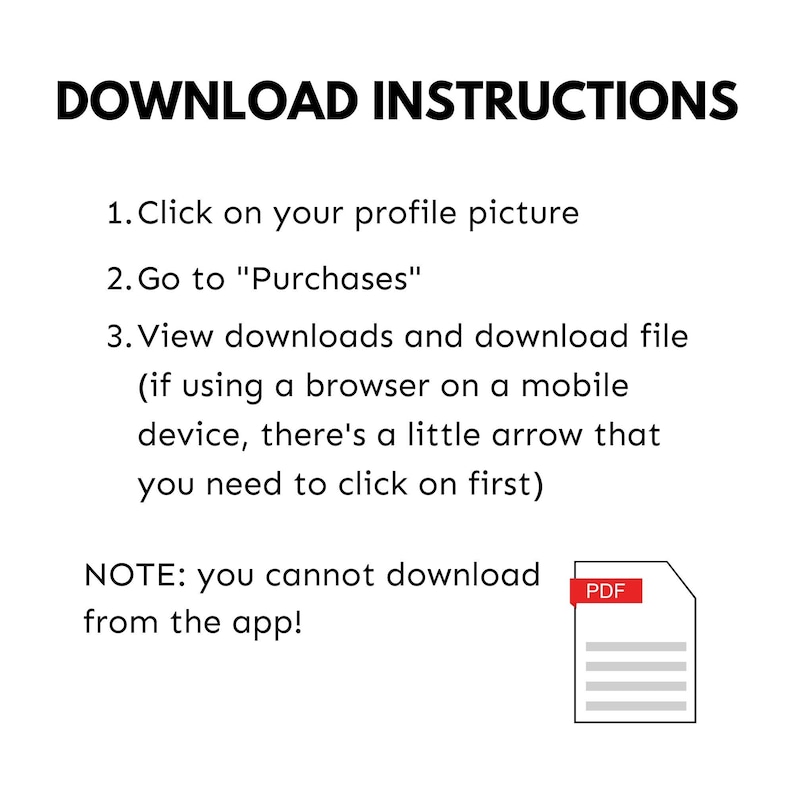 Puede incluir: Gr&aacute;fico blanco con texto negro que indica las instrucciones de descarga. El texto incluye pasos numerados para descargar un archivo. Un icono PDF est&aacute; en la esquina inferior derecha. El texto tambi&eacute;n indica que las descargas no est&aacute;n disponibles desde la aplicaci&oacute;n.