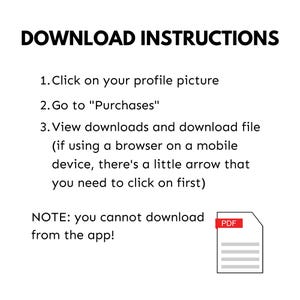 May include: A white background with black text detailing download instructions. The text includes steps such as clicking on a profile picture and viewing purchases. A PDF icon is visible in the bottom right corner.