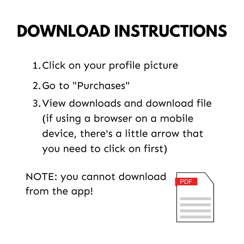 May include: A white background with black text detailing download instructions. The text includes steps such as clicking on a profile picture and viewing purchases. A PDF icon is visible in the bottom right corner.