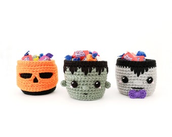 Halloween Basket Crochet PATTERN, Candy Basket, Crochet Basket Pattern, Frankenstein, Vampire, Pumpkin, Halloween Gifts, Halloween Decor