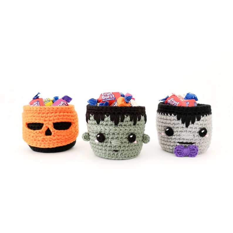 Halloween Basket Crochet PATTERN, Candy Basket, Crochet Basket Pattern, Frankenstein, Vampire, Pumpkin, Halloween Gifts, Halloween Decor image 1