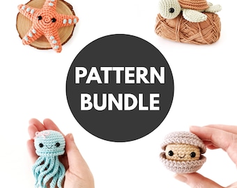 PATTERN BUNDLE: Crochet Ocean Amigurumi Pattern Pack - Jellyfish, Starfish, Clam and Turtle - PDF Patterns, No Sew Crochet