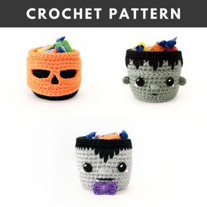 Halloween Basket Crochet PATTERN, Candy Basket, Crochet Basket Pattern, Frankenstein, Vampire, Pumpkin, Halloween Gifts, Halloween Decor image 2