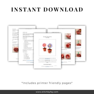 May include: A printable crochet pattern for a no-sew flower pot. The pattern includes instructions for making a flower pot and a flower with pink and purple petals. The pattern is titled "No-Sew Flower Pot for the Home".