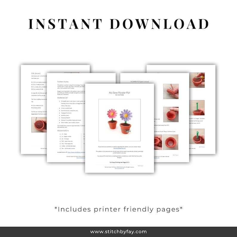 May include: A printable crochet pattern for a no-sew flower pot. The pattern includes instructions for making a flower pot and a flower with pink and purple petals. The pattern is titled "No-Sew Flower Pot for the Home".