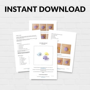 May include: A crochet pattern for a no-sew whale toy. The pattern includes instructions and images for crocheting the whale, which is available in blue, yellow, and purple. The pattern is for easy printing on 8.5 x 11 inch paper.