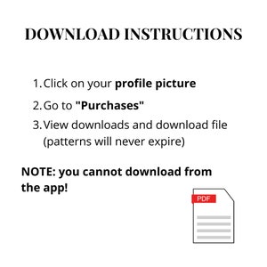 May include: Download instructions for digital products. Click on your profile picture, go to "Purchases", and view downloads. You cannot download from the app. The text is in a PDF format.