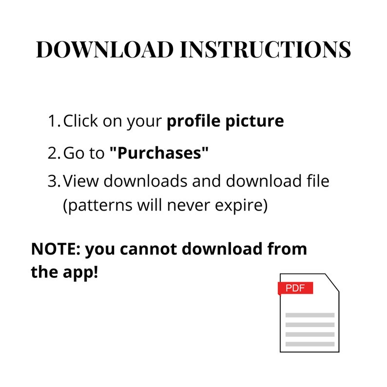 May include: Download instructions for digital products. Click on your profile picture, go to "Purchases", and view downloads. You cannot download from the app. The text is in a PDF format.