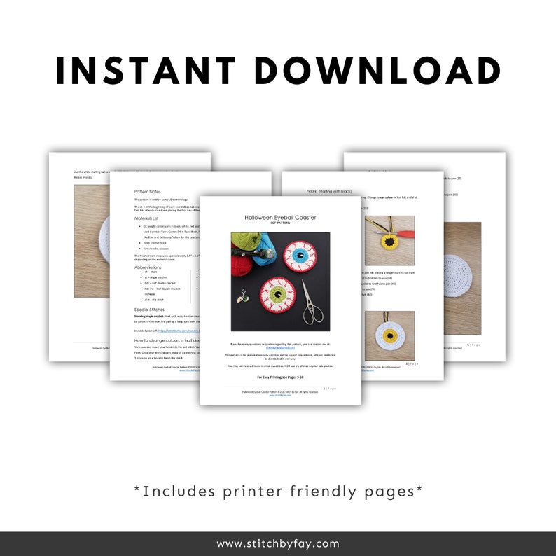 May include: Printable crochet pattern for a Halloween eyeball coaster. The pattern includes instructions for making a red, white and yellow eyeball coaster. The pattern is available for instant download.