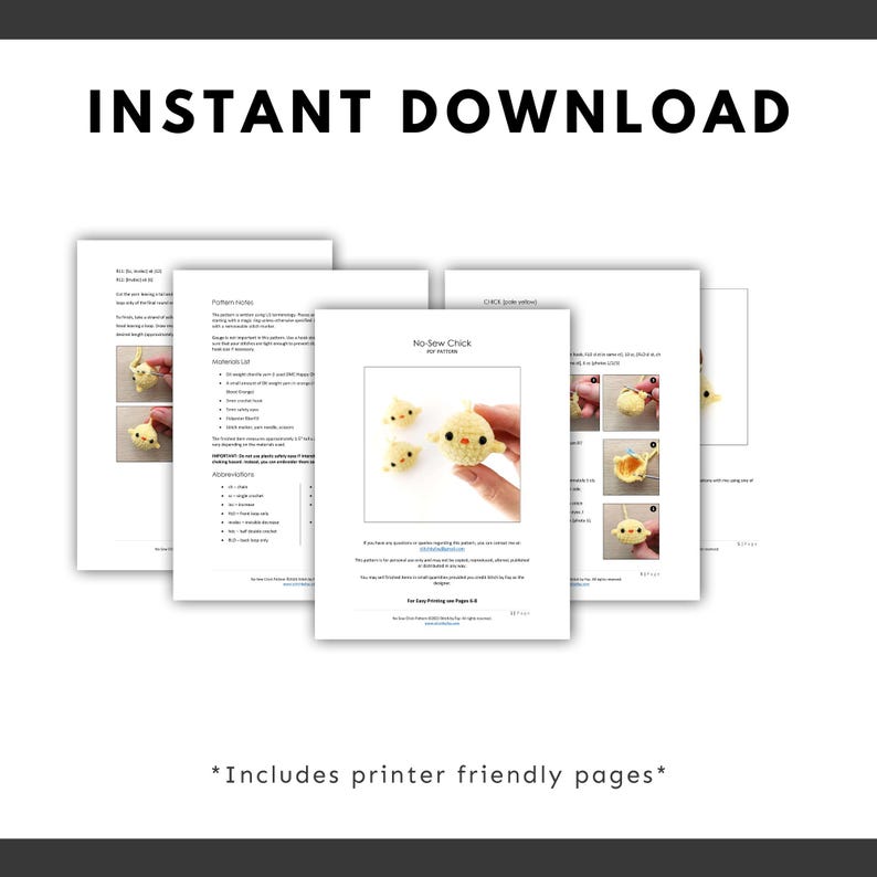 Pu&ograve; includere: Modello di uncinetto stampabile per un pulcino senza cuciture. Il modello include istruzioni e diagrammi per realizzare un piccolo pulcino giallo con becco e occhi. Il modello &egrave; intitolato "Pulcino senza cuciture".