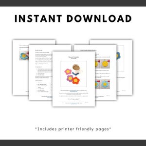 May include: Instant download crochet pattern for flower coasters. The image shows several pages of instructions, including a photo of the finished coasters in yellow, blue, purple, and orange. The text "Flower Coaster" is visible.