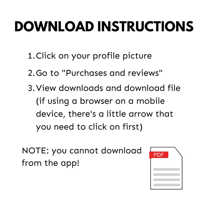 Puede incluir: Instrucciones de descarga para un producto digital. Las instrucciones explican c&oacute;mo descargar el archivo desde una computadora o un dispositivo m&oacute;vil. El texto tambi&eacute;n indica que el archivo no se puede descargar desde la aplicaci&oacute;n. Se muestra un icono de PDF en la esquina inferior derecha de la imagen.
