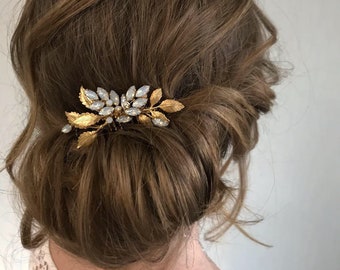 Small bridal hair comb gold leaf & white opal rhinestone Wedding hair accessories Bridal hair piece silver Bridesmaid side headpiece