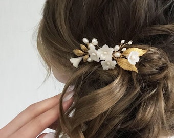 Pearl comb for hair with small flower leaves • Boho wedding 5533